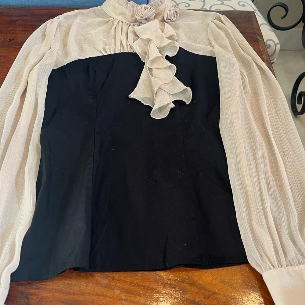 Charlotte Russe Black and Cream Long-Sleeve Ruffle Blouse